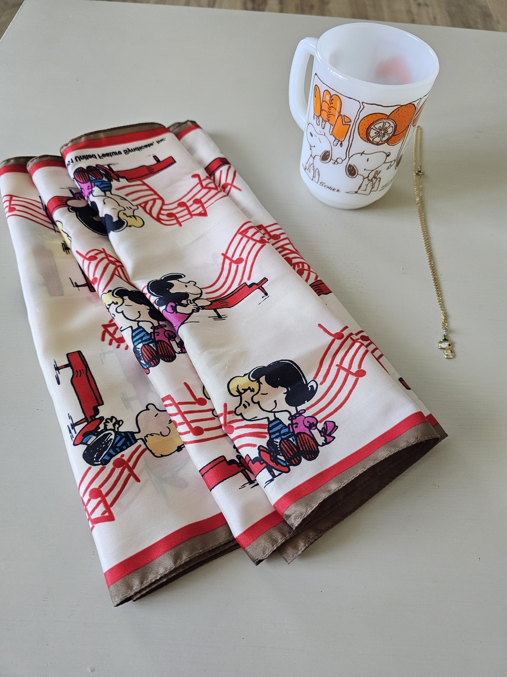 Vintage Snoopy Cup, Scarf And Necklace Collectors Items